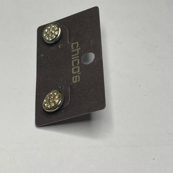 Chico's button earrings gold tone in silver tone setting post pierced classic - Picture 4 of 9